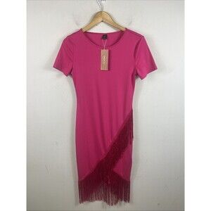 SHEIN SXY Fringe Trim Wrap Hem Bodycon Dress Size Medium NWT Pink
